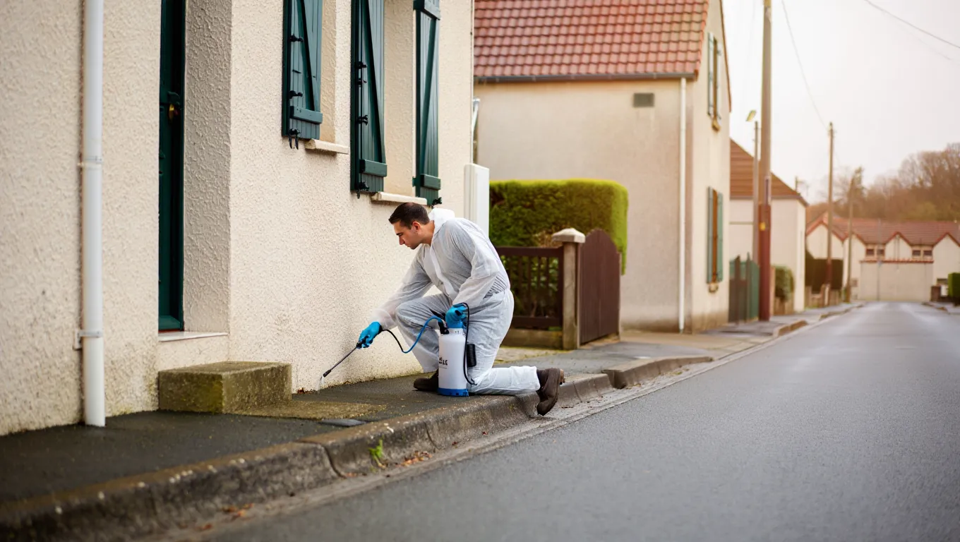 Technicien anti-nuisibles en combinaison traitant une habitation en Loire-Atlantique